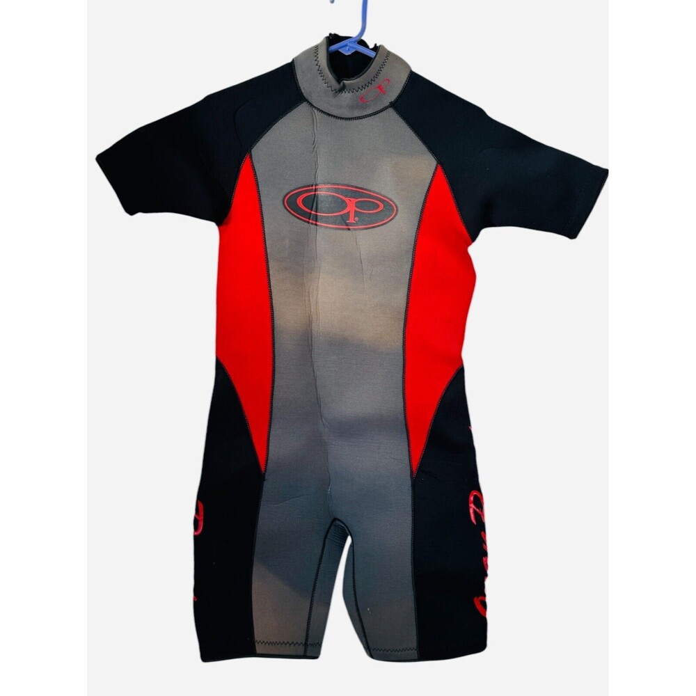 OP Ocean Pacific Wet Suit Size Small Gray Black Red Short Wetsuit